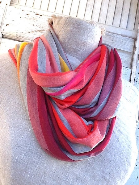 Bight Colored Striped Trendy Scarf, Summer Wear, Rainbow , Lightweight Jersey , Loop Scarf , Bright Orange