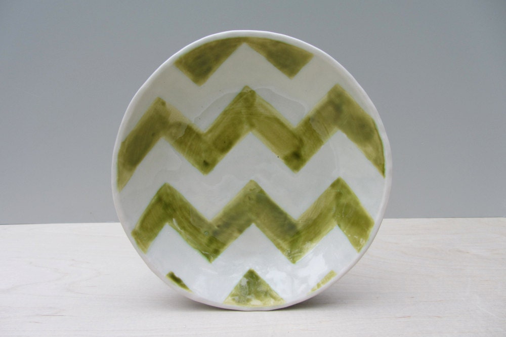Ceramic Chevron Salad Plate in Aqua and Forest Green