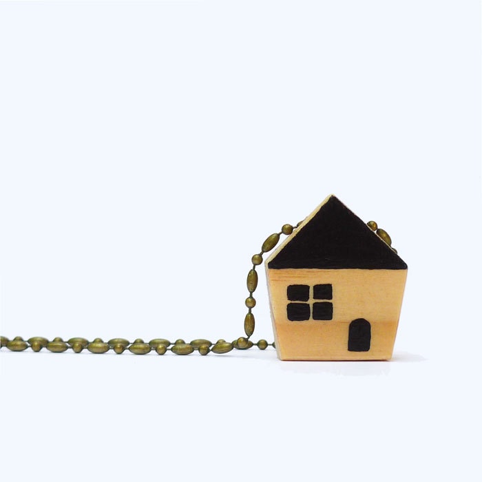 Handmade Wooden Necklace Shabby Chic Mini House - Rustic Wearable Art Pendant with Chain