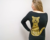 Cat sweater Metallic Gold on womens off the shoulder sweater eco friendly Alternative Apparel fleece sweater women sweatshirt