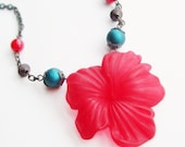 Red Flower Necklace Large Vintage Lucite Hibiscus Pendant Teal Blue Cranberry Red