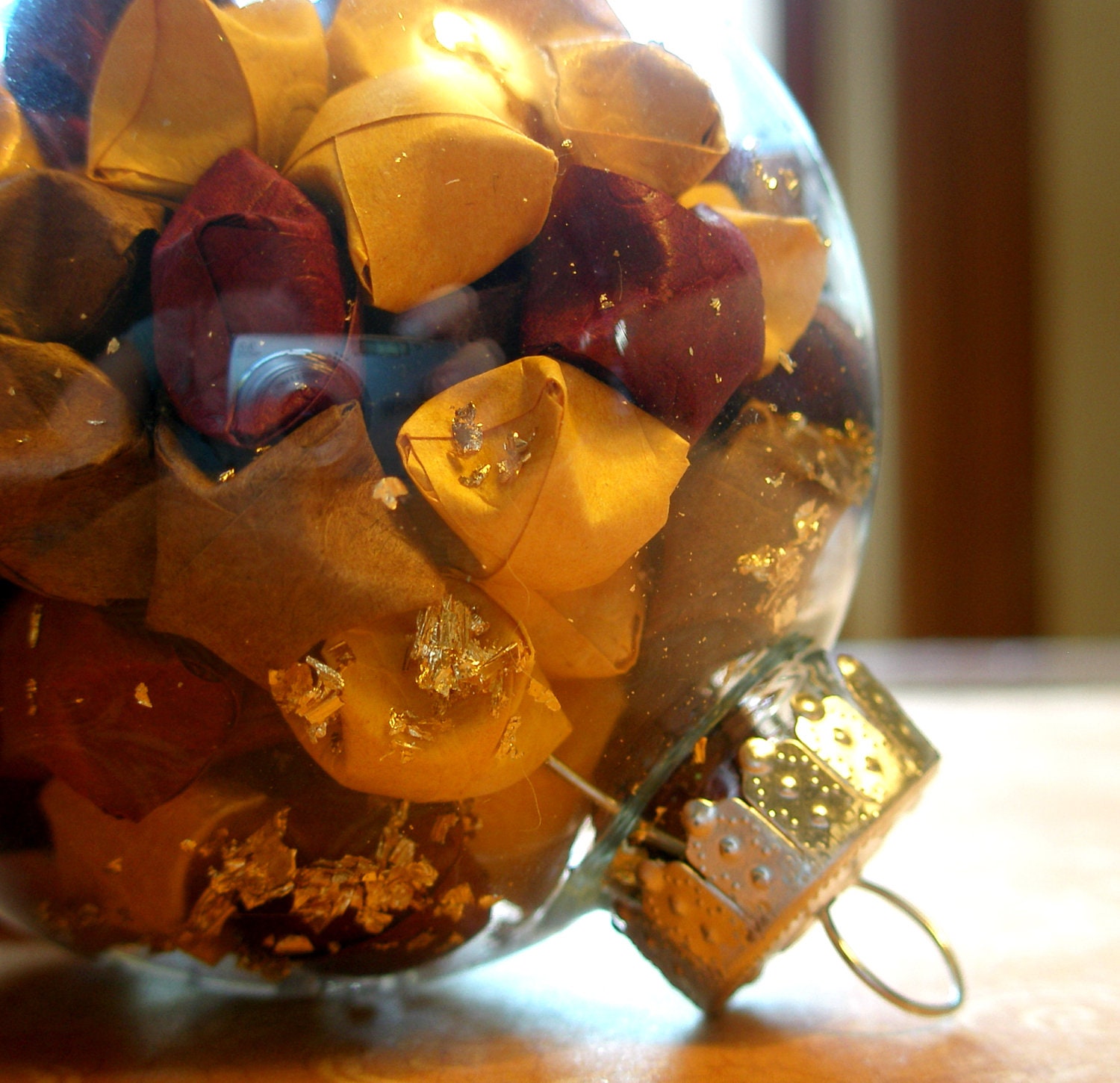 Ornament - Autumn Origami Star and Gold Leaf Filled Glass Ball Ornament - Fall or Autumn Decoration - Christmas Ornament