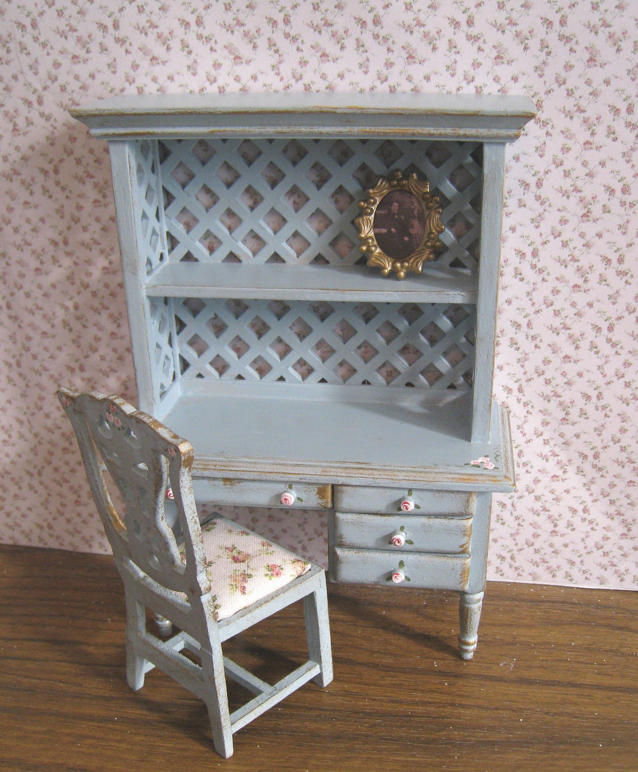 desk, ladies bookshelf style, with chair, with rose bouquets,  Twelfth scale dollhouse miniature