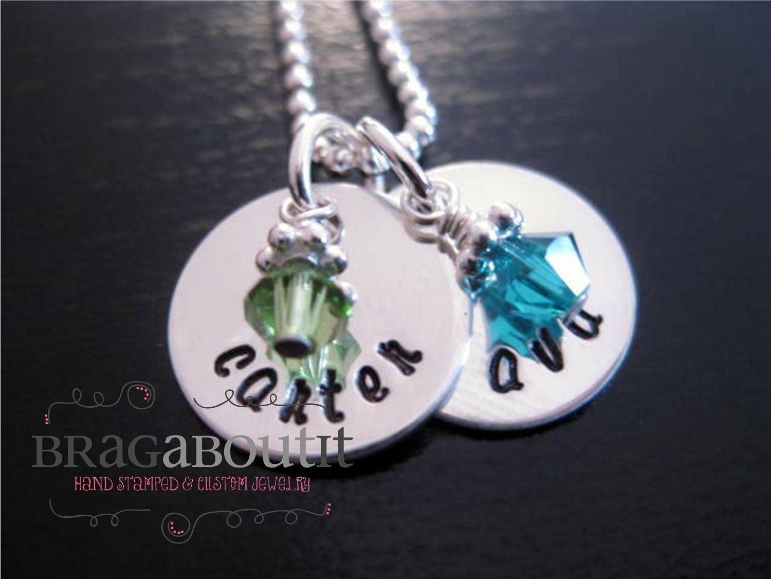 Personalized Jewelry - Hand Stamped Necklace - Teeny Brags with Birthstones