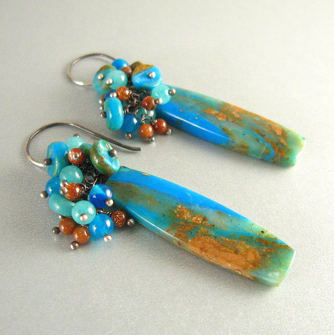 Peruvian Blue Opal, Jade and Jasper Wire Wrapped Earrings