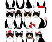 Twelve Tuxedo Cats 8.5 x 11 Art Print