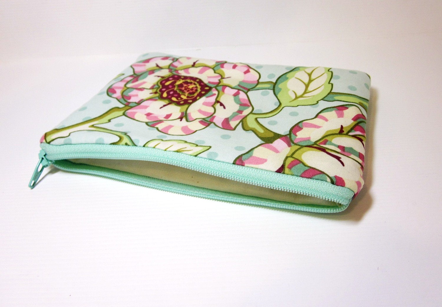 Small Cotton Zipper Pouch Mint Floral Print