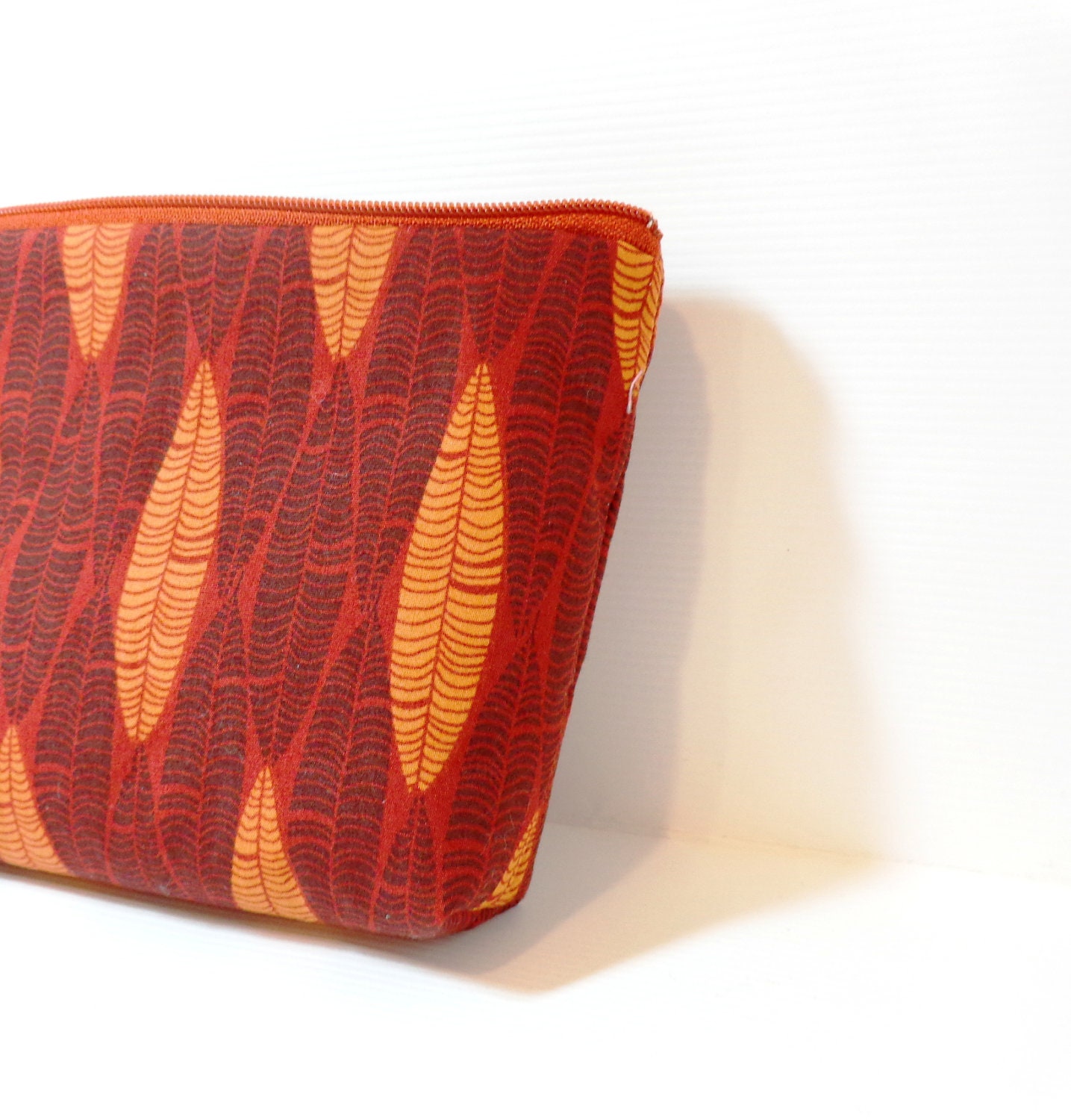 Medium Zipper Pouch Cosmetic Pouch Pencil Case Tribal Pattern in Pumpkin and Brown