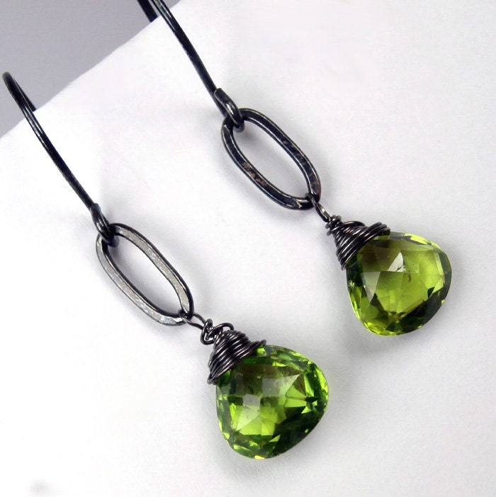 Peridot Earrings Wire Wrapped Oxidized Silver Dangle Earrings Green Gemstone Everyday Earrings August Birthstone