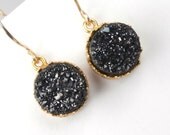 Black Druzy Earrings Dangle Earrings Gold Fancy Bezel Set Black Earrings Luxury Spring 2013 Fashion