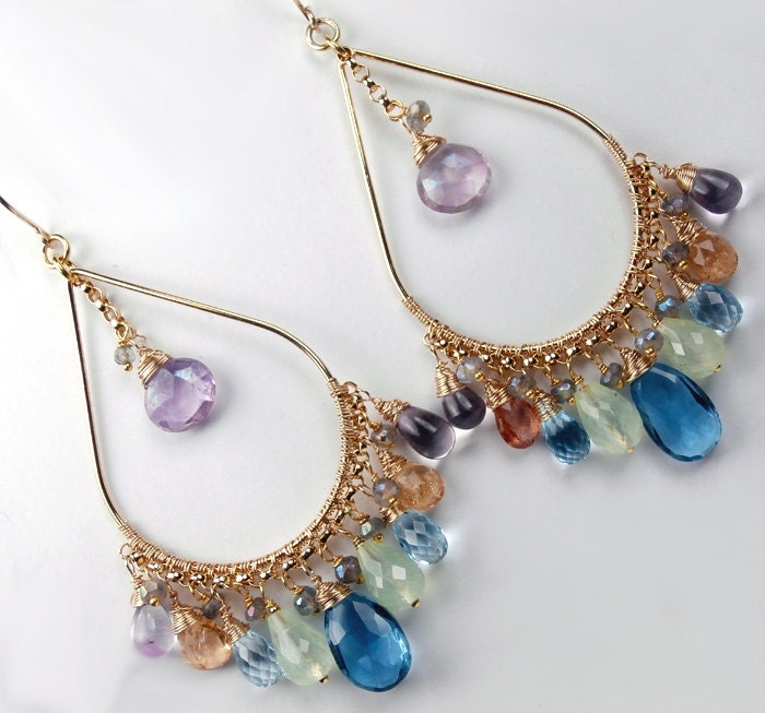 ON SALE - 20% OFF - Large Gold Hoop Earrings Wire Wrapped Chandelier Earrings London Blue Topaz  Statement  Luxury