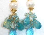 Cluster Gemstone Earrings Gold Aqua Apatite Swiss Blue Pearl Handcrafted Wire Wrapped Dangle Turquoise Spring Fashion