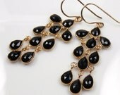 Black Chandelier Earrings Black Onyx 18kt Gold Vermeil Bezel Set Luxury Fall Fashion Long Dangle - Diane
