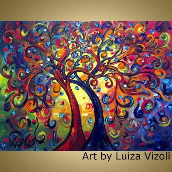 Original Modern Trees Landscape Whimsical XLarge Oil Painting 40x30 HAPPY WITH YOU by Luiza Vizoli