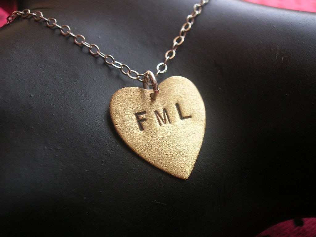 FML Necklace--Heart Charm Necklace, Heart Necklace, Metalwork Stamped Brass Heart, Fuck My Life, Handmade, Fuck Necklace