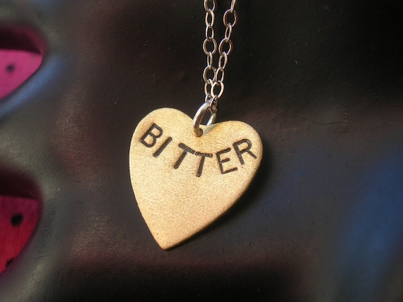 BITTER--Heart Charm Necklace, Heart Necklace, Metalwork Stamped Brass Heart, Valentines Day, Handmade, Love