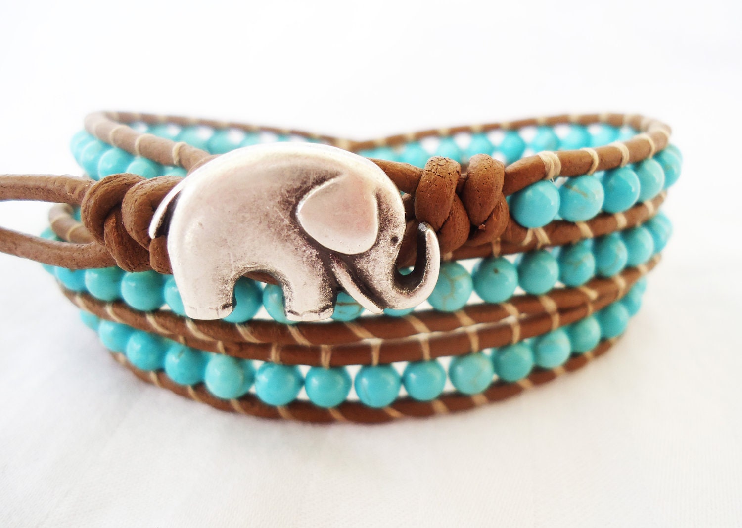 Good Luck Elephant &  Turquoise Leather Wrap Bracelet wraps 3x