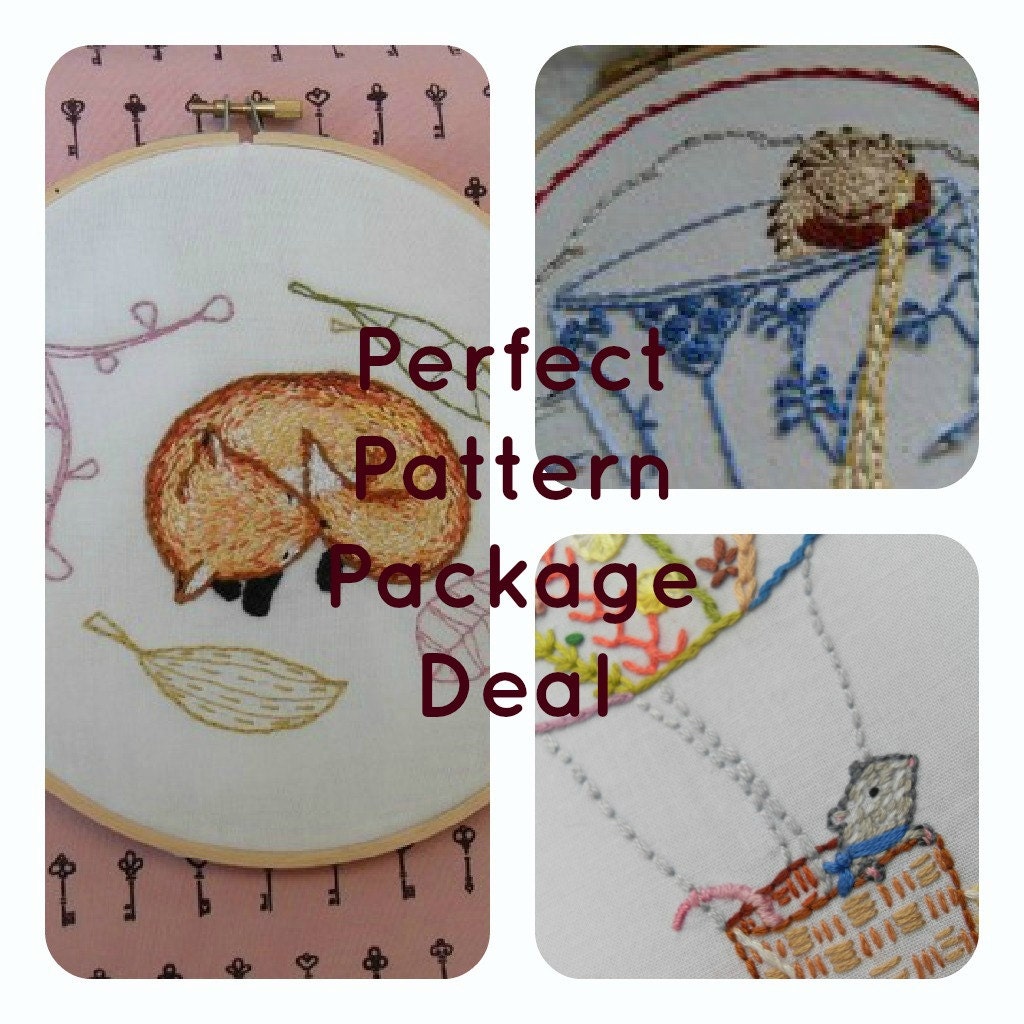 Perfect Pattern Package Deal Hand Embroidery PDF Patterns Balloon Mouse Sleeping Fox and Hedgie