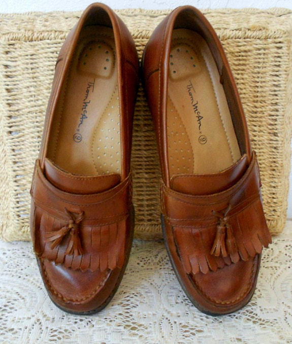Vintage Oxford Loafers, 80's Brown Leather Tassel Oxfords Shoes/ 9M