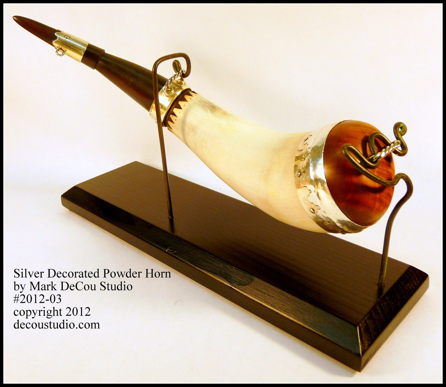 Custom Engrailed Powder Horn with Fine Silver Decoration, SHIPS IMMEDIATELY, Scrimshaw Art Ready, on Display Stand