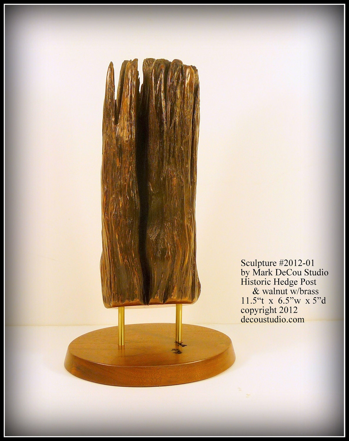 Natural Wood Sculpture No. 2012-01, Ships Immediately, Historic Kansas Hedge Fence Post, Walnut, Brass, Mixed Media Original