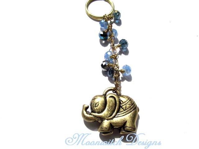 Large Elephant Keychain with Sapphire and Milky Blue Crystal Rhondelles, Gold