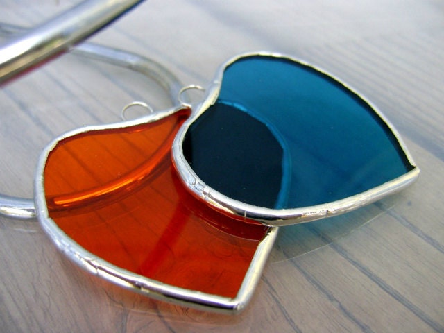 Hearts Stained Glass Twins Suncatchers ORANGE BLUE Easter Mothers Day Valentines Christmas Gifts Wedding Favors I Love You
