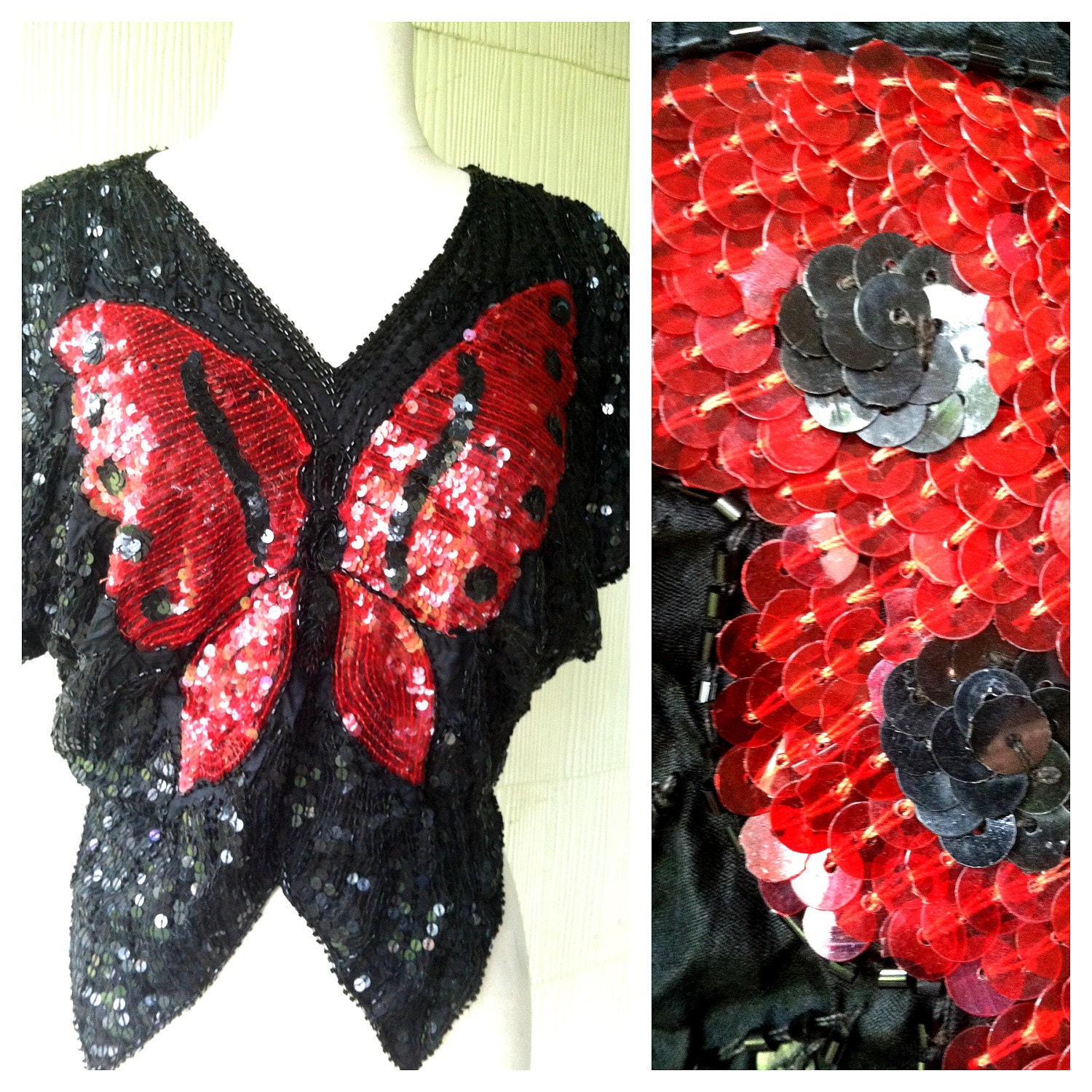 VINTAGE 70s sequin butterfly disco silk shirt top