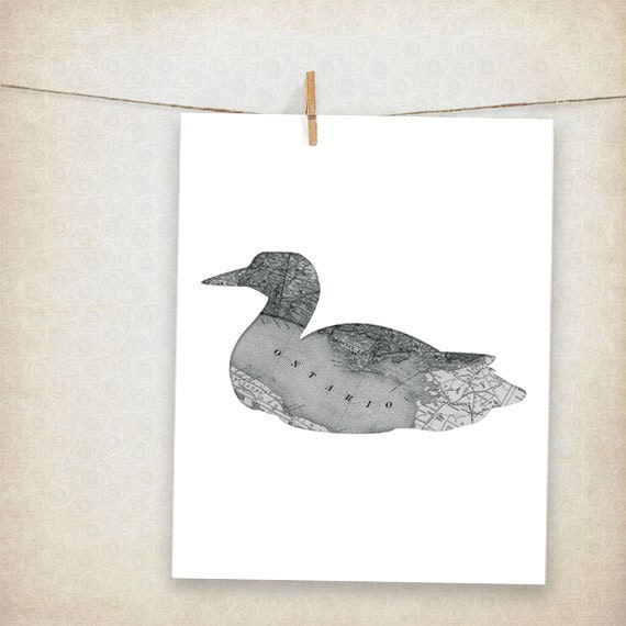 bird of ontario canada, common loon map bird - 10x8" print