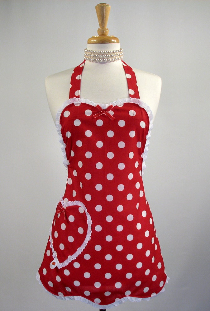 Cute Womans Apron (Holiday Edition) Sweet Heart Womans Full Apron  (Red)