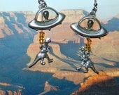 Alien Abduction of Dinosaur Earrings T Rex, UFO Extraterrestrial Flying Saucer