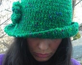 Crochet Hat, Floral Womens Brim Cloche Hat,  Speckled Emerald Green,  English Wool Cloche