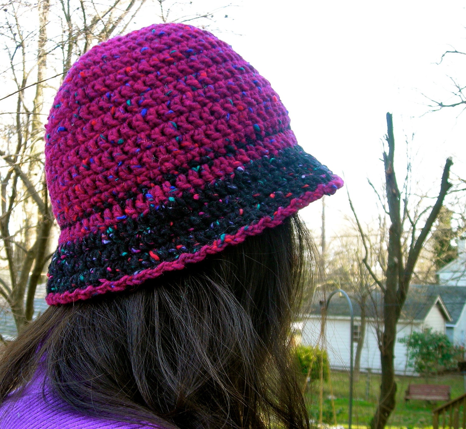 Crochet Cloche Hat, Women's Brim Cloche, Speckled Burgundy and Black English Wool
