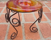 Stained Glass Bird and Butterfly Feeder, in  Grenedine Red and Amber Swirl, 6 1/2 Inches in Diameter