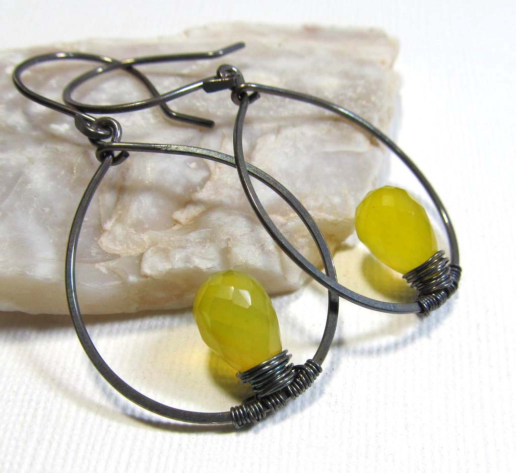 Oxidized Sterling Silver Gemstone Dangle Earrings with Sunny Yellow Chalcedony