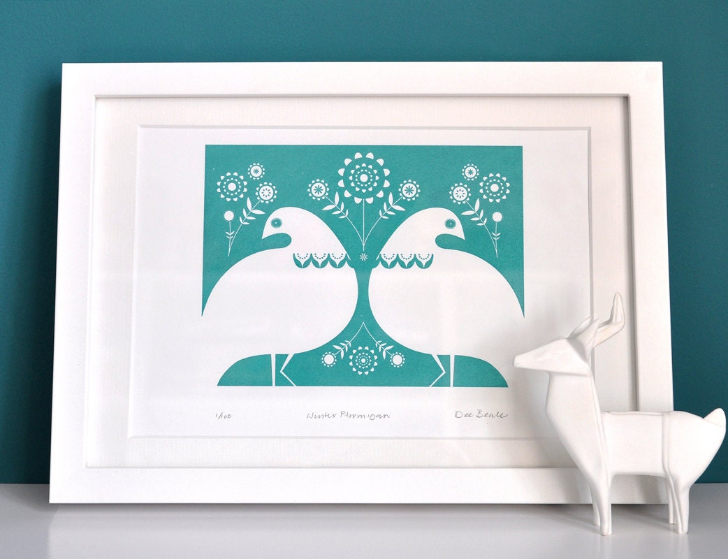 Winter Ptarmigan in Turquoise- Hand Pulled, Signed, Gocco Screen Print