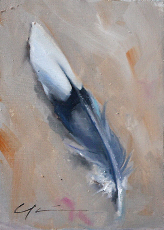 Gray and Black Mockingbird Feather on Rust, Orange, Beige Background, Southwest, Original Painting by Clair Hartmann