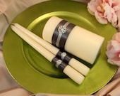 Custom Colors Elite Unity Candle 3 Piece Set with Vibrant Rhinestone Accent....You Choose The Ribbon Colors...shown in ivory/pewter/gray