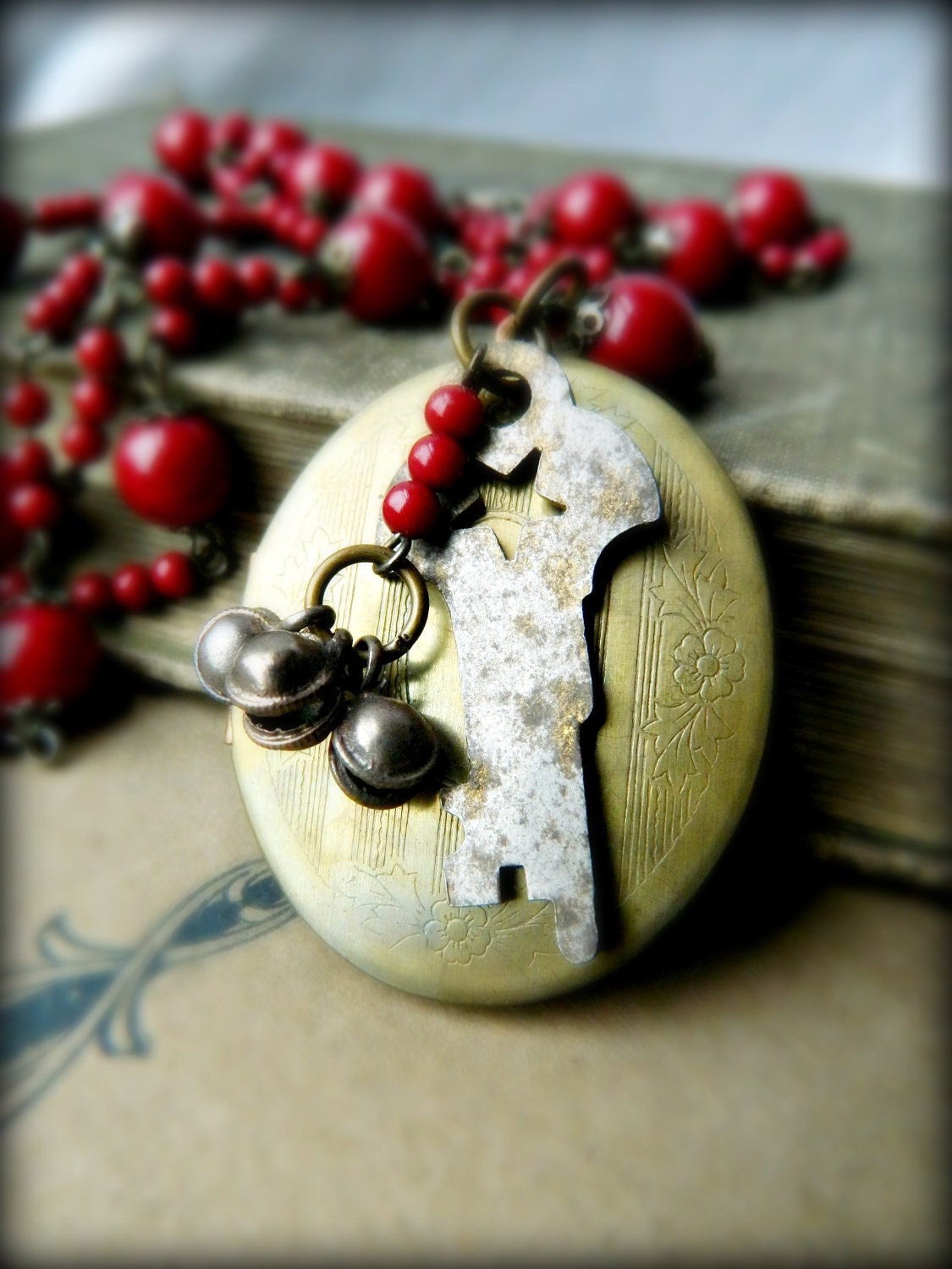 Vintage Locket Necklace.  Oxblood Bead Necklace with Vintage Key for Valentines Day.