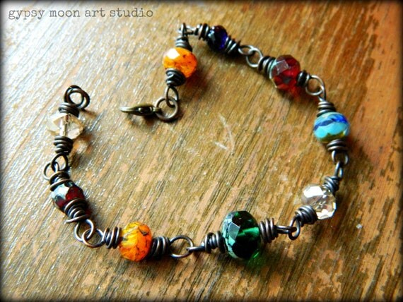 Colorful Beaded Bracelet.  Multicolor Glass Bead Copper Wire Wrapped Bracelet with Free Shipping