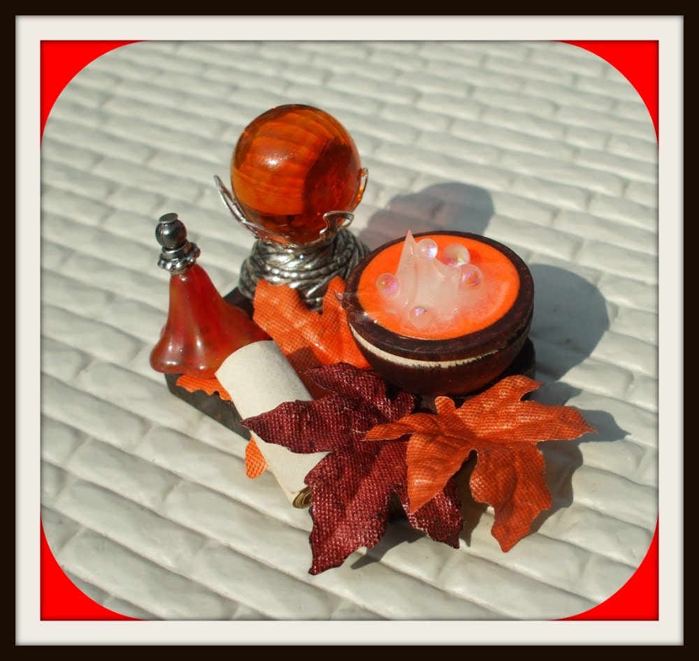 Gothic Witch Messy Spell tray Autumn leaves dollhouse miniature Halloween ooak Glows in Dark  Fall