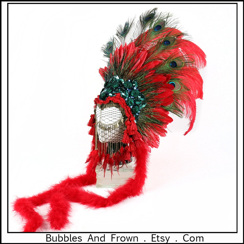 Red Peacock Envy... Feather Headdress in Red and Peacock with Gypsy Accents