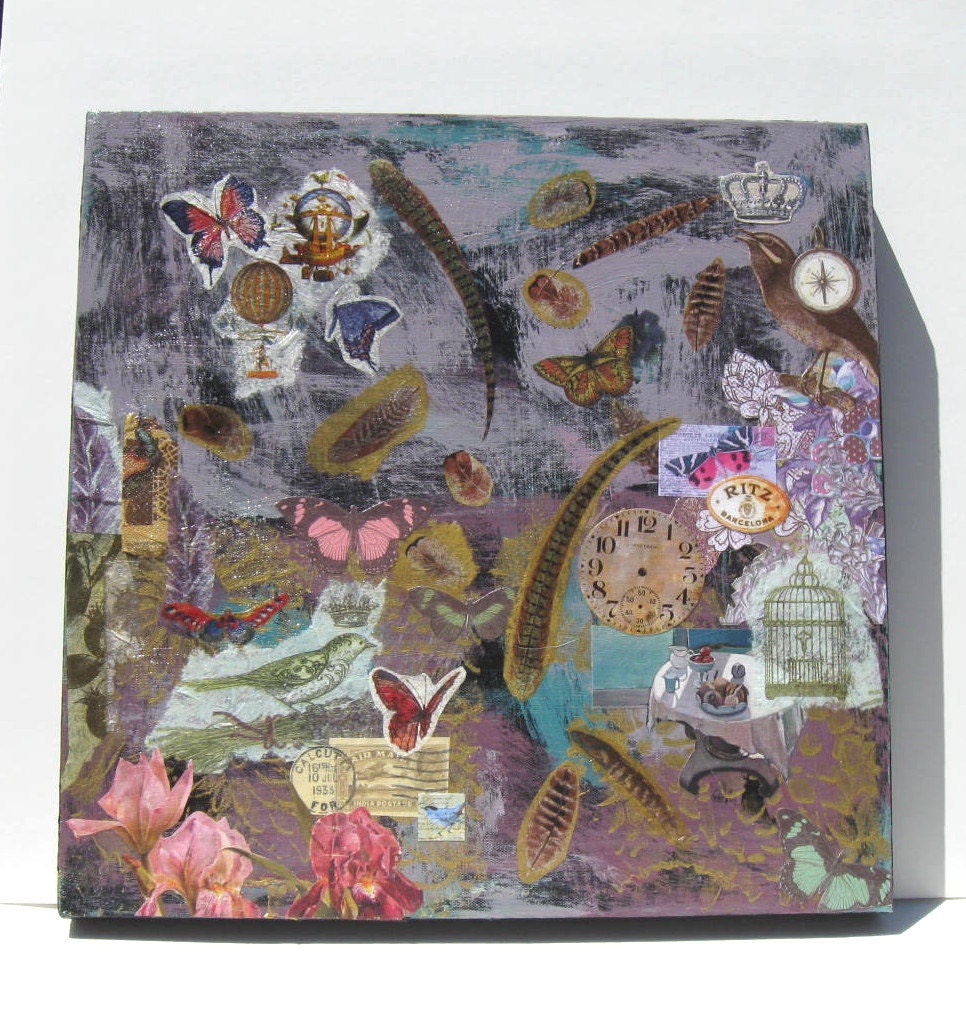 Purple Mixed Media Original Collage Painting on Canvas