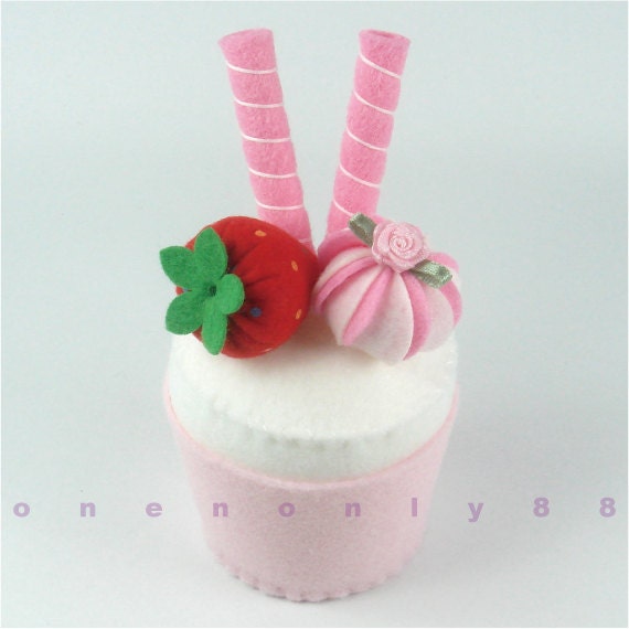 Felt Cake 3 Princess Multi-Colored Dots Strawberry Tea Party Felt Cakes - READY TO SHIP