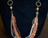 SALE - Long Orange and Cream Beaded Chain Necklace
