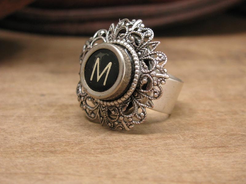 Typewriter Key Jewelry  - Fully Adjustable Black Initial M Typewriter Key Ring on Fancy Hexagon Filigree Setting
