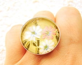 Japanese  Ring  Yuzen  Washi Chiyogami  Paper Ring Domed Glass Flowers