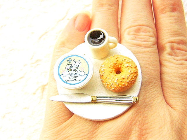 Coffee Food Ring Bagel Cream Cheese Miniature Food Jewelry