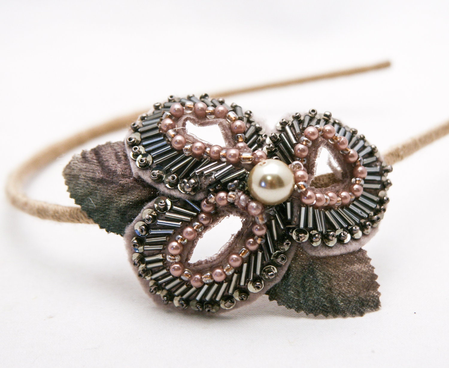 headband with beaded flower, adult headband, women hair accessory