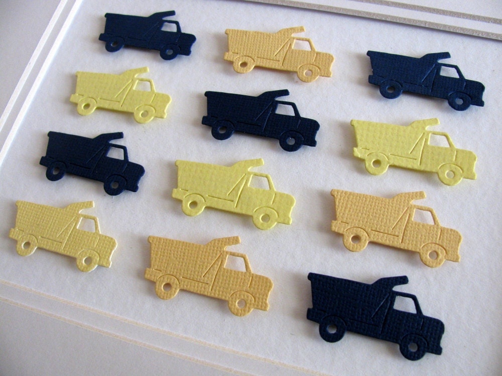 3D Dump Trucks All in Rows - Navy Blue and Yellows - 5X7